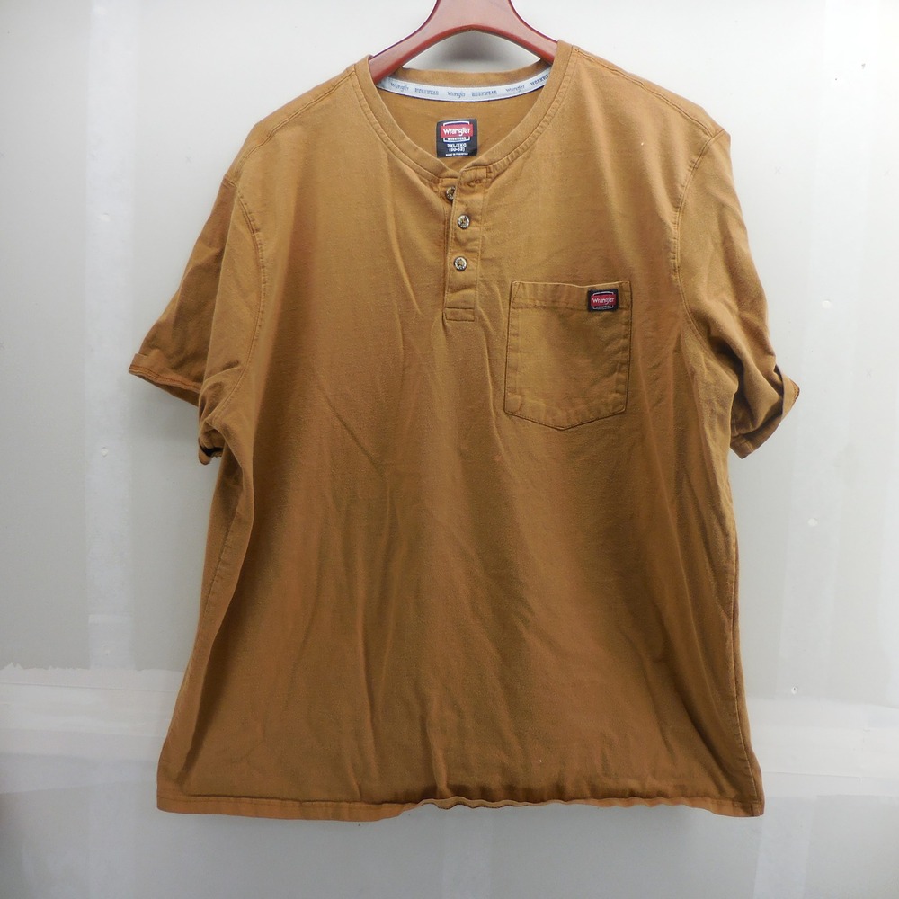 Wrangler Workwear Mens 2XL Short Sleeve Henley Pocket T-Shirt Brown Mustard 2773